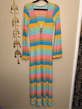 Show Me Your Mumu Vacay Crochet Multicolor Maxi Coverup Dress Deep V Neck Size M